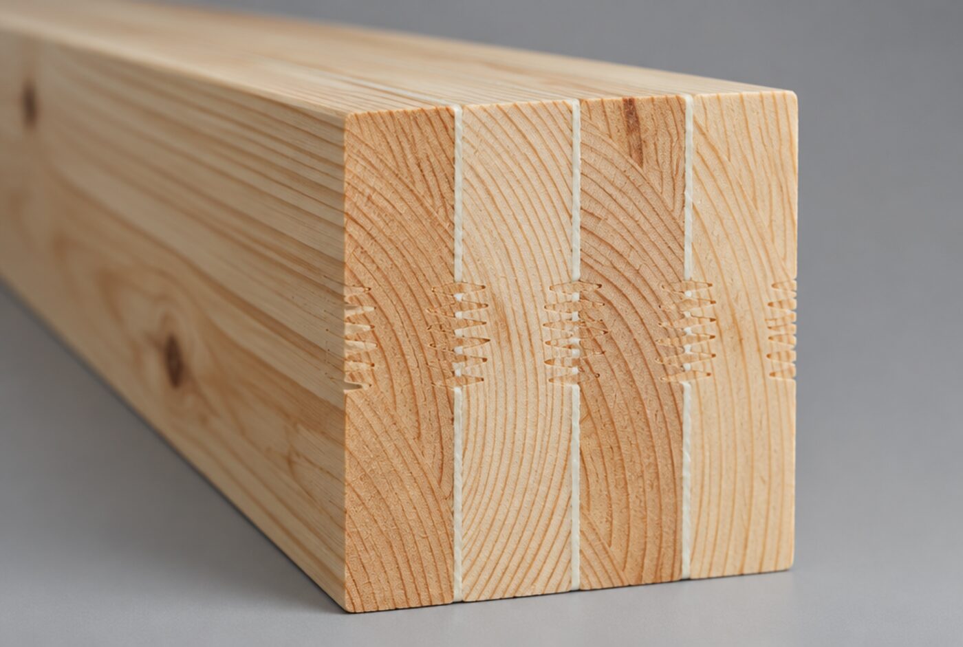 The cross-section that gives glued laminated timber its name: kiln-dried lamellas bonded into one member.
