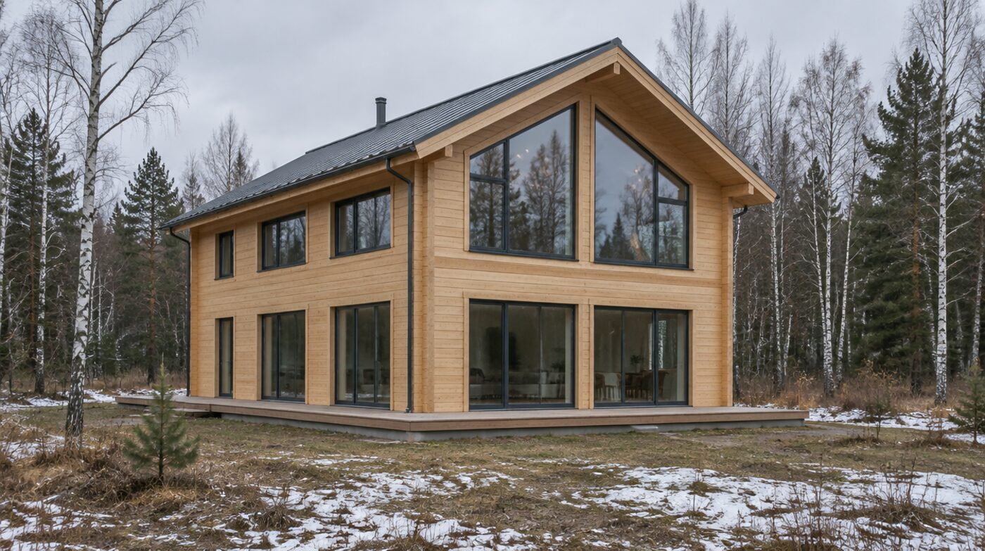 A glulam house on a plot at the forest edge in the Moscow region.